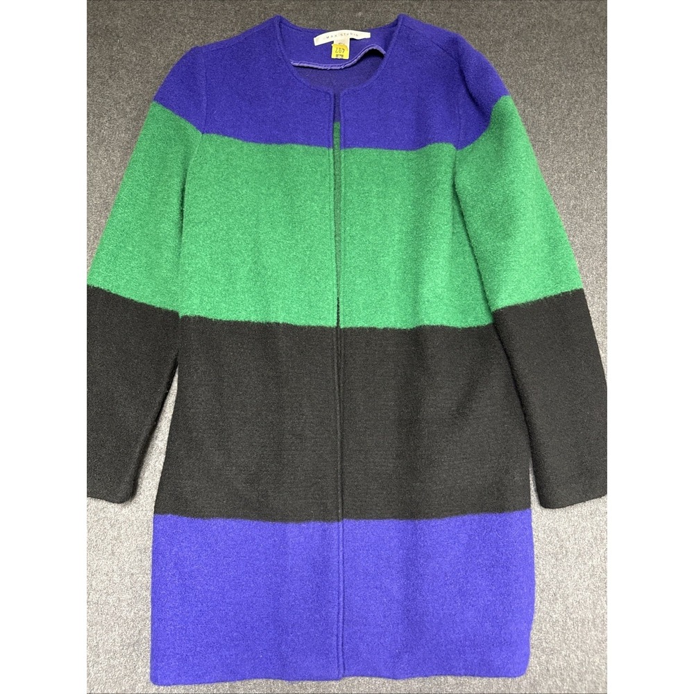 Max Studio Multi-Color Block Open Front Wool Jacket, Size L Green Purple Black